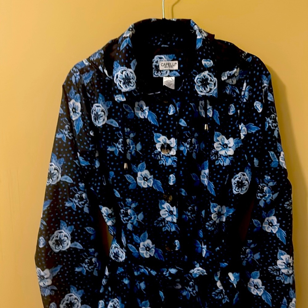 Capelli of New York Black Trench Coat with Blue and White Floral Print